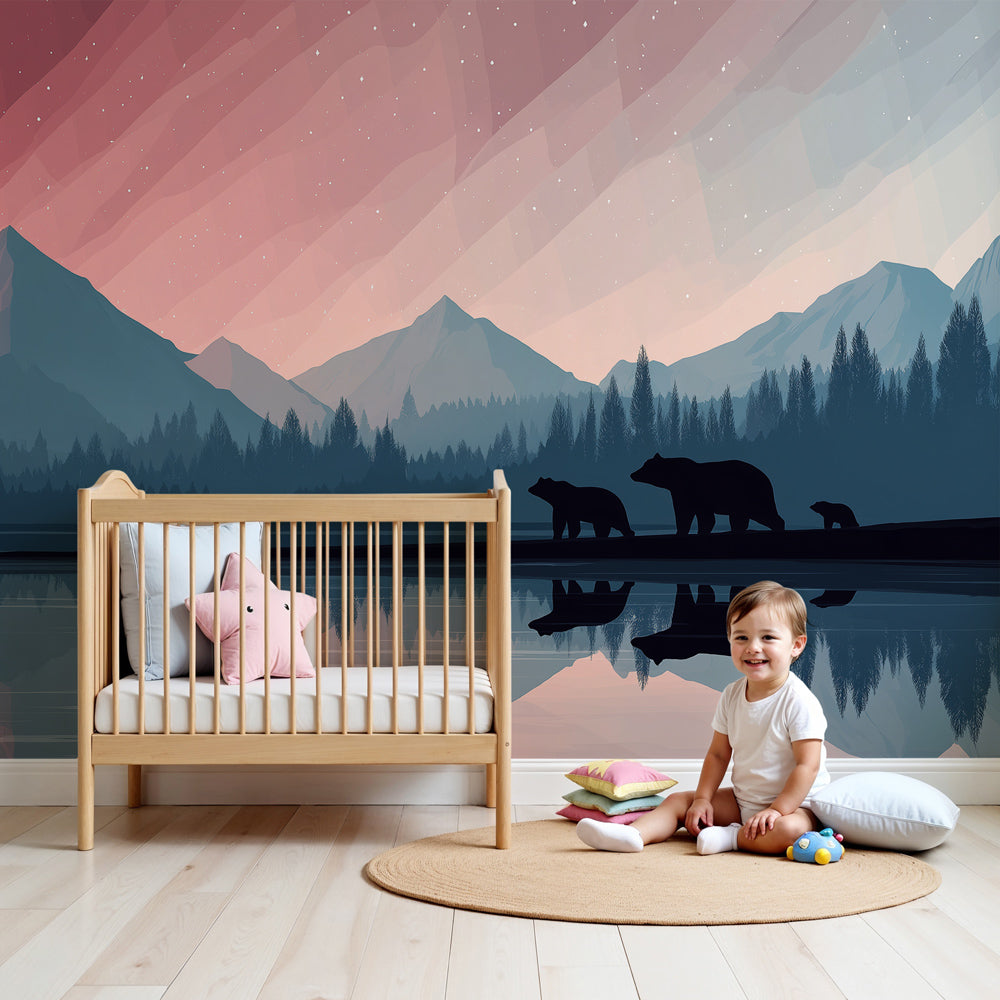 Mountain bears mural wallpaper in cozy nursery with wooden furniture by Kids-Mundo