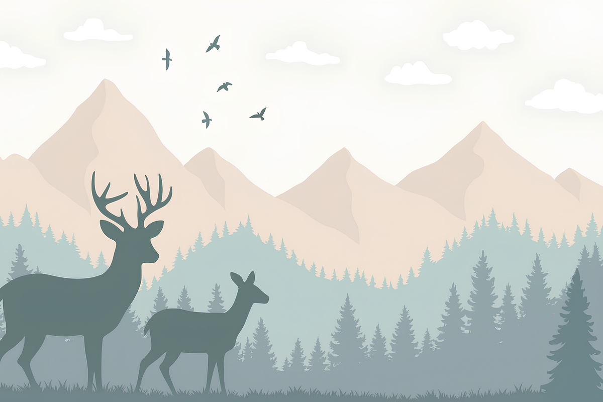 Deer Silhouettes Against Misty Mountains Wall Mural