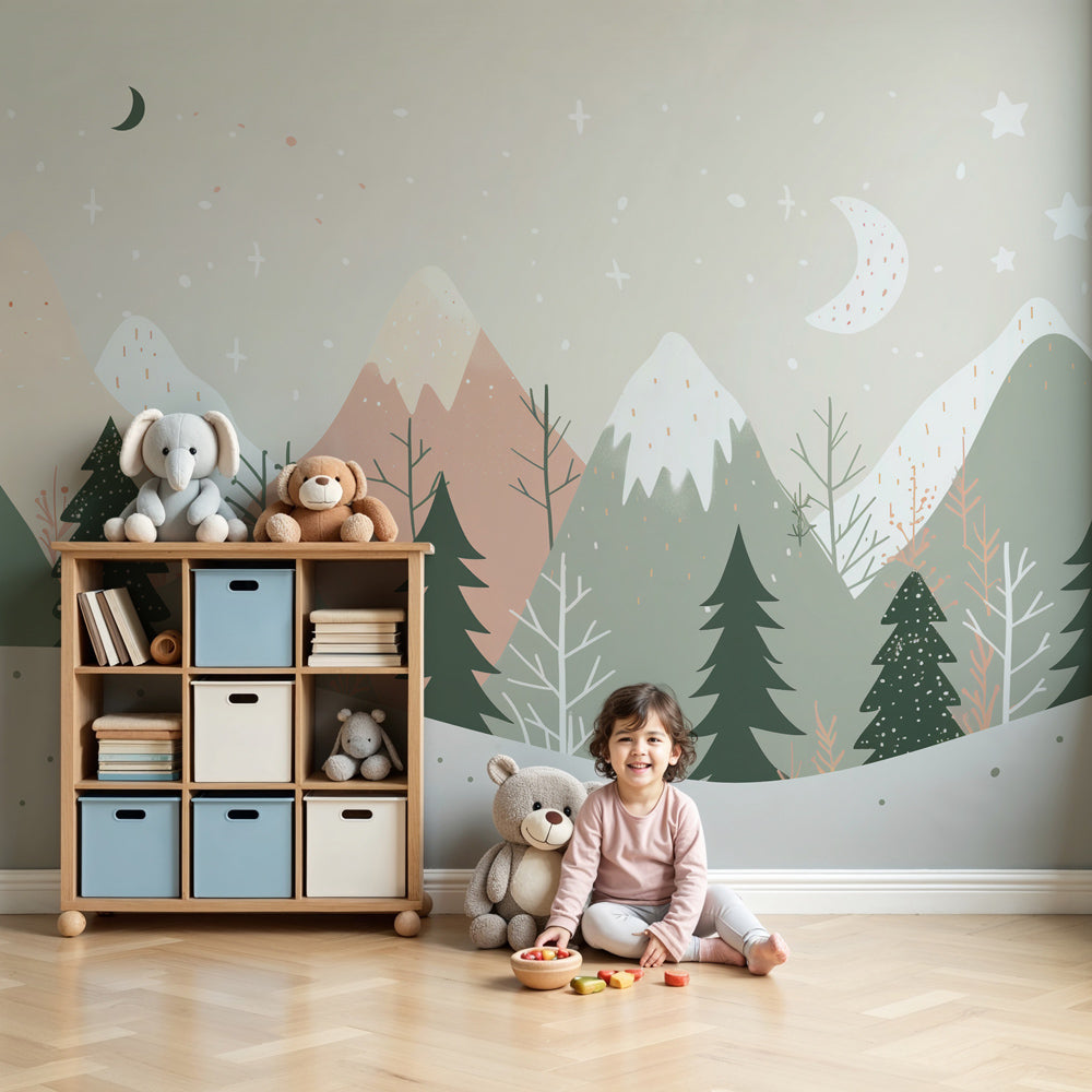 Pastel mountain forest mural wallpaper in modern nursery with moon and trees by Kids-Mundo