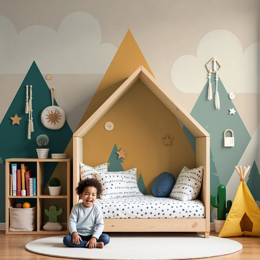 Geometric mountain mural wallpaper creating peaceful adventure atmosphere in modern nursery by Kids-Mundo