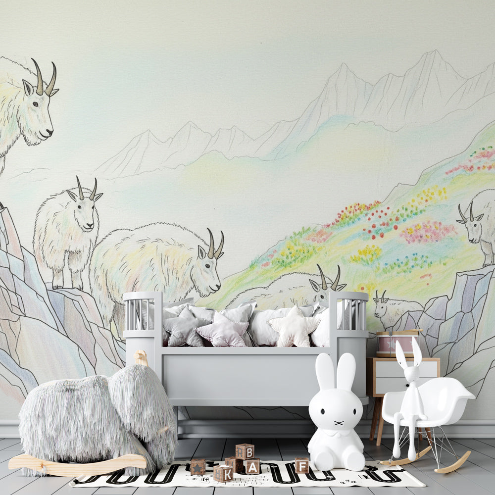 Alpine goats wallpaper creating peaceful children's bedroom with mountain adventure theme