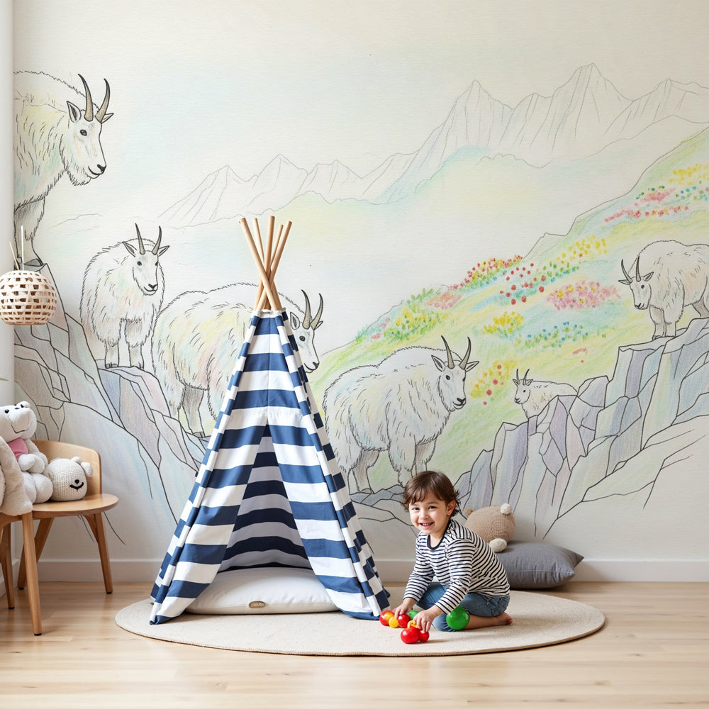 Mountain goats mural wallpaper in modern nursery with natural wood crib by Kids-Mundo