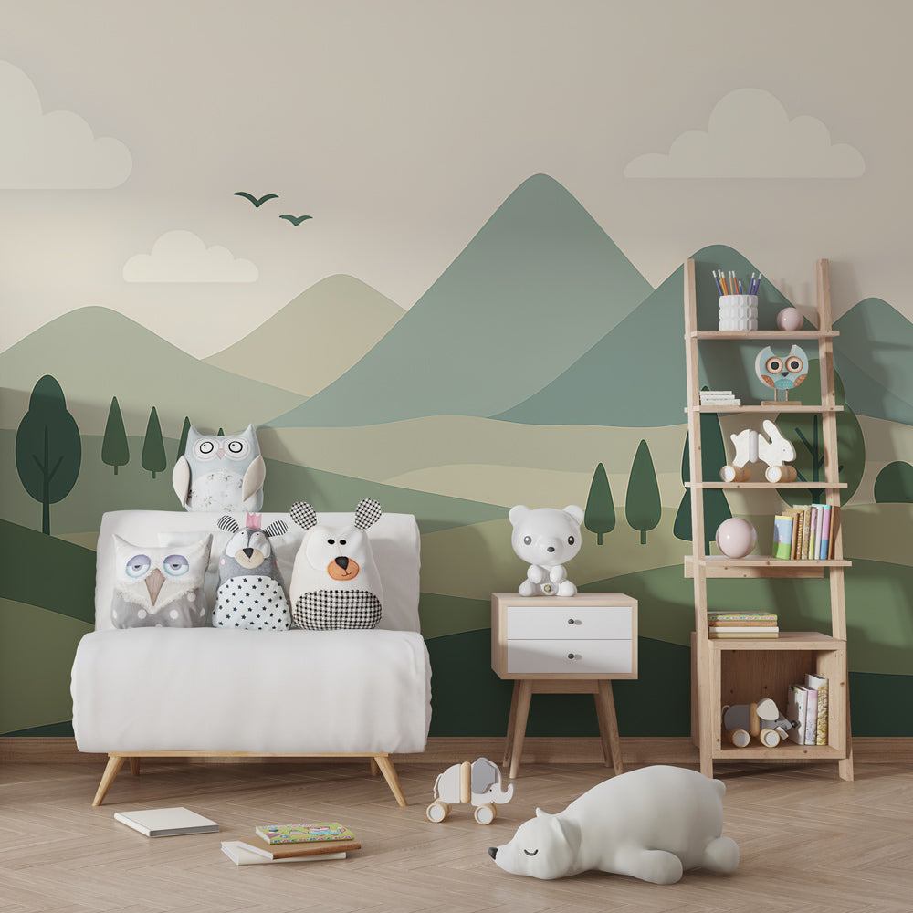 Soothing green mountain wallpaper creating calming atmosphere in children's bedroom decor