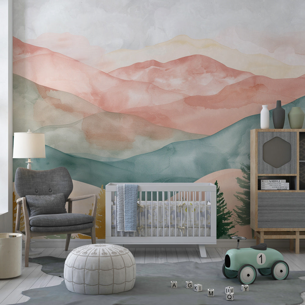Enchanted forest mountain wallpaper creating magical kids bedroom atmosphere