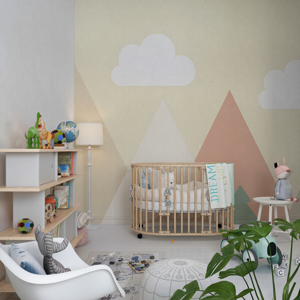 Mountain landscape wallpaper creating serene atmosphere in kids bedroom with natural wood furniture