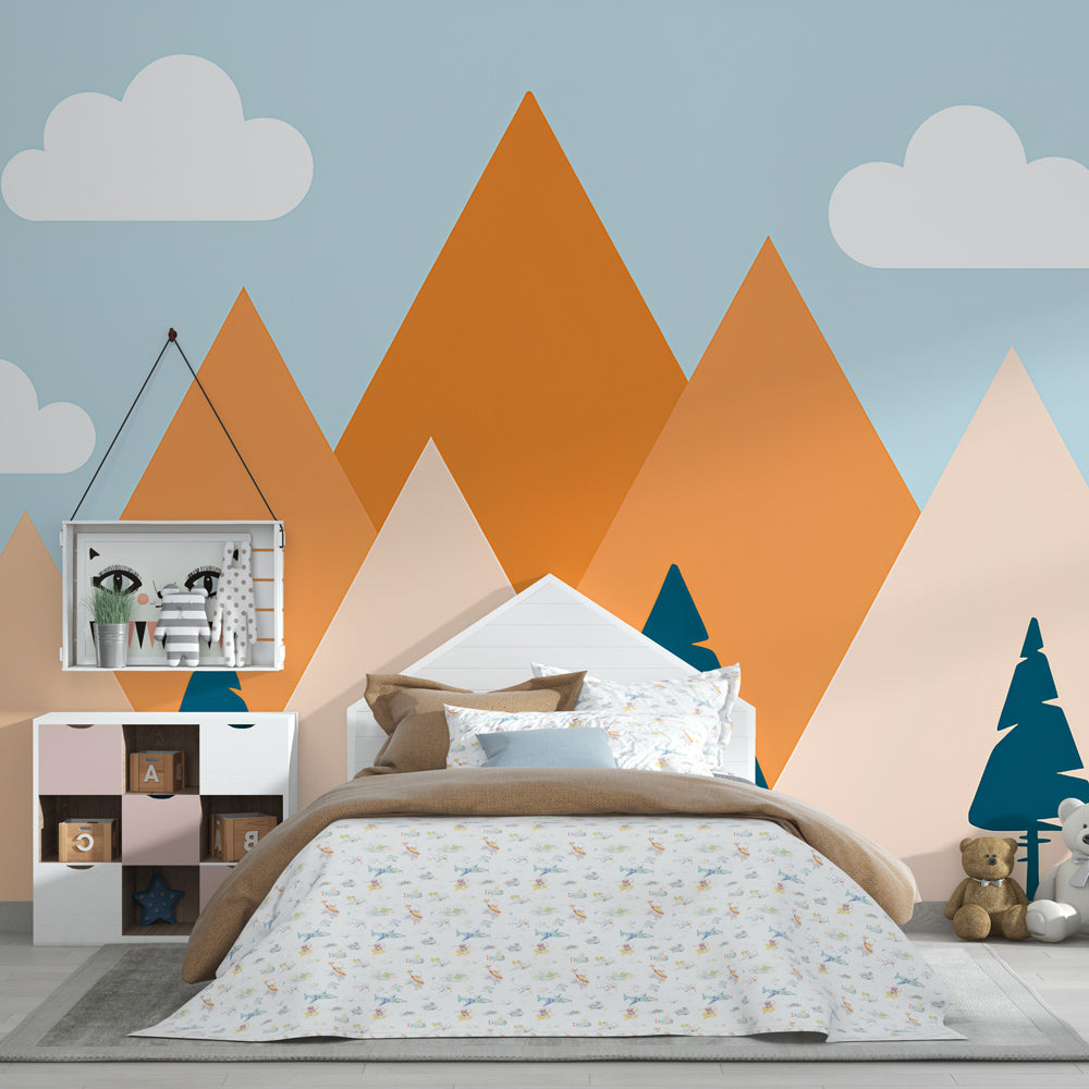 Mountain landscape wallpaper creating peaceful kids bedroom atmosphere with natural wood furniture