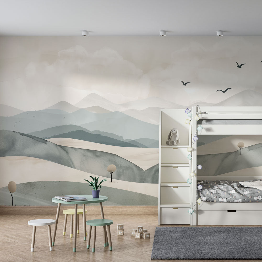 Soft beige mountain landscape wallpaper creating serene baby bedroom decor