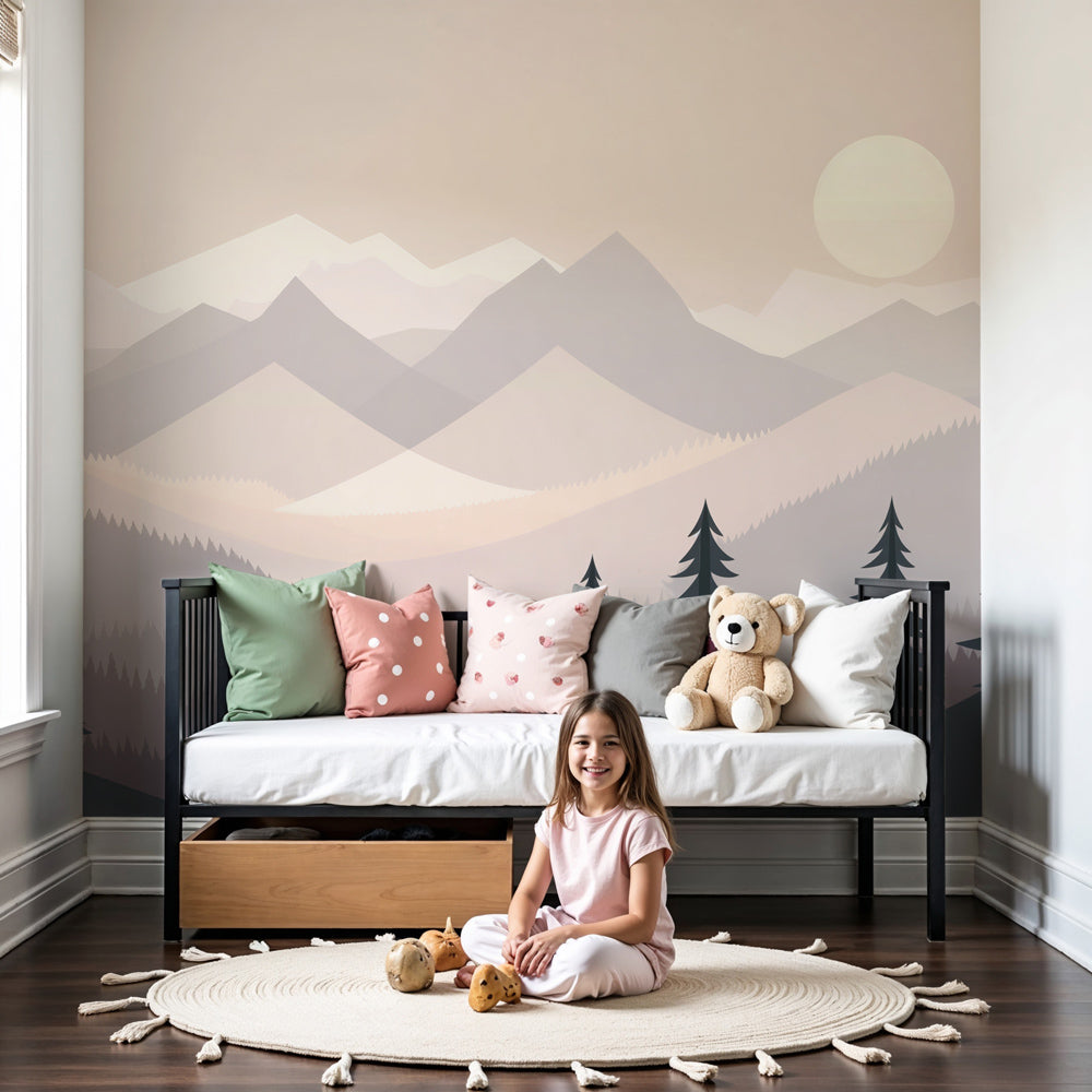 Geometric mountain mural wallpaper with pastel mist in modern nursery by Kids-Mundo