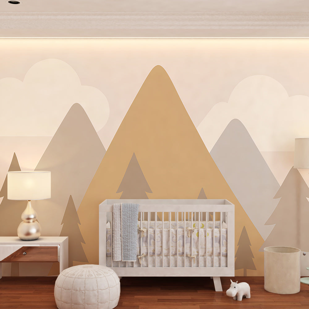 Beige mountain landscape wallpaper creating peaceful atmosphere in children's bedroom