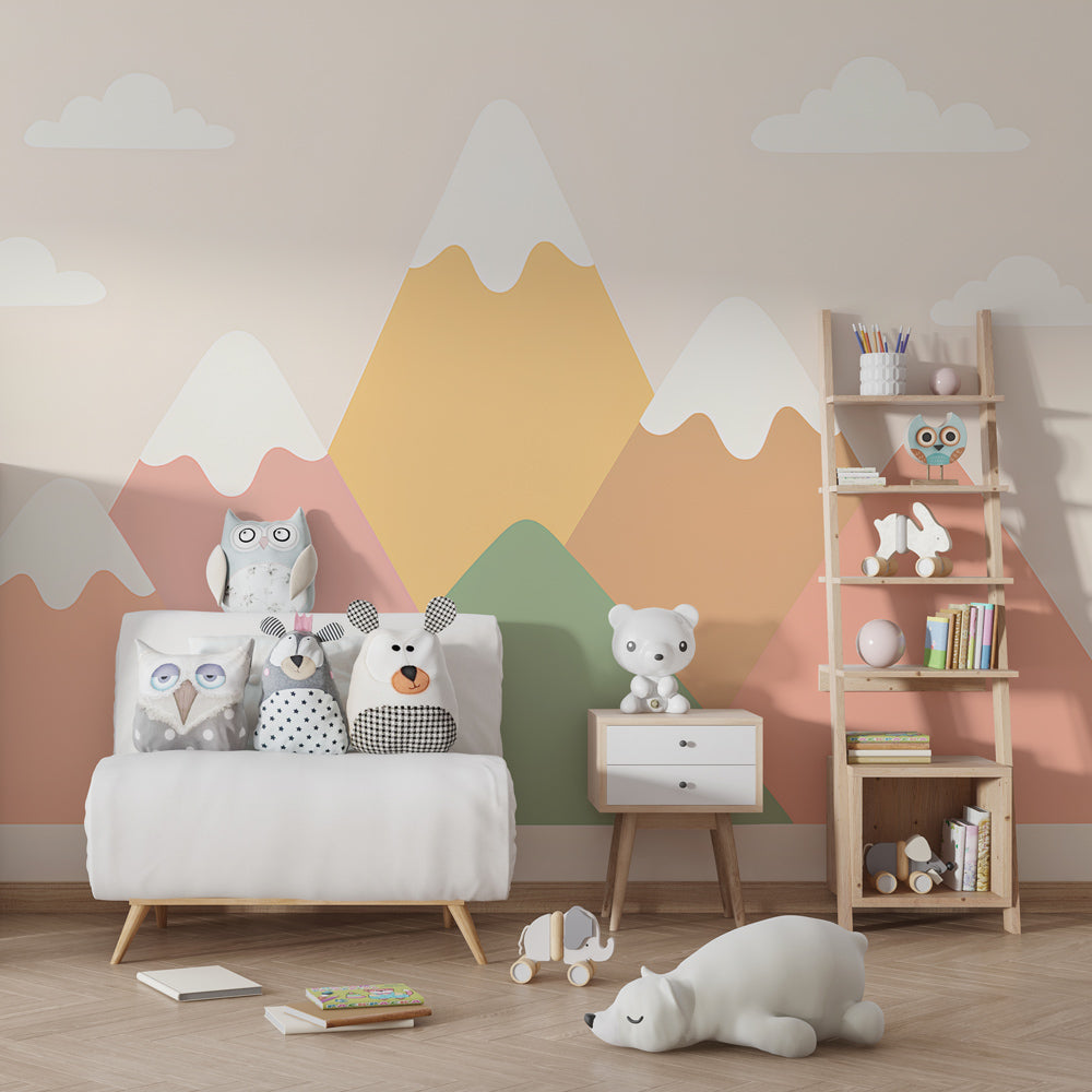 Mountain wallpaper in children's bedroom featuring gentle pink and green peaks with fluffy clouds