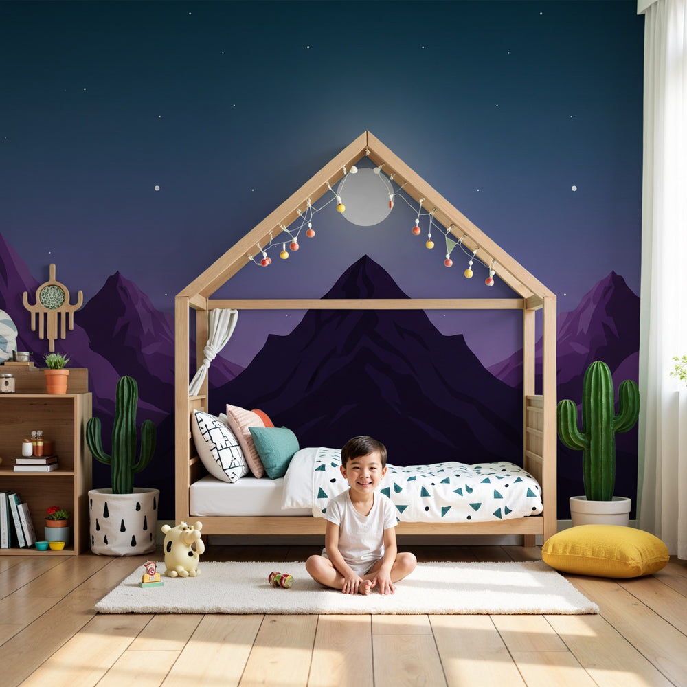 Mountain mural wallpaper with moonlit peaks creating peaceful nursery decor by Kids-Mundo