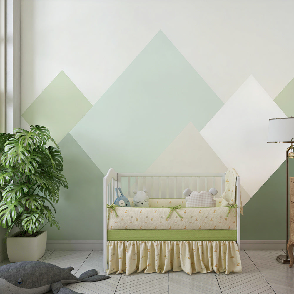 Nordic mountain wallpaper creating serene kids bedroom with geometric pastel design