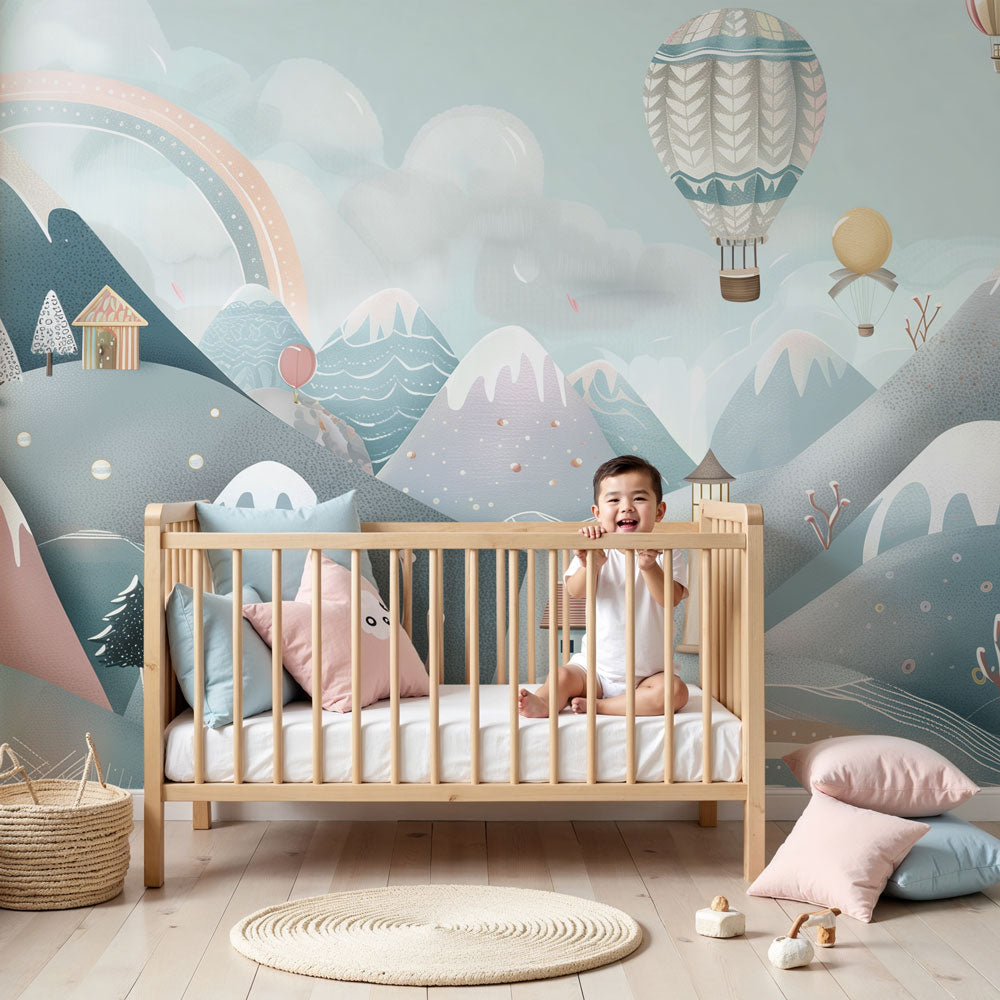Blue mountain mural wallpaper with hot air balloons in modern kids bedroom by Kids-Mundo