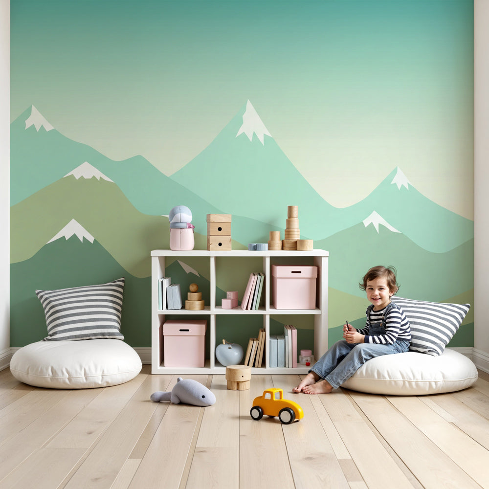Mountain mural wallpaper with gentle peaks decorating a peaceful kids nursery by Kids-Mundo