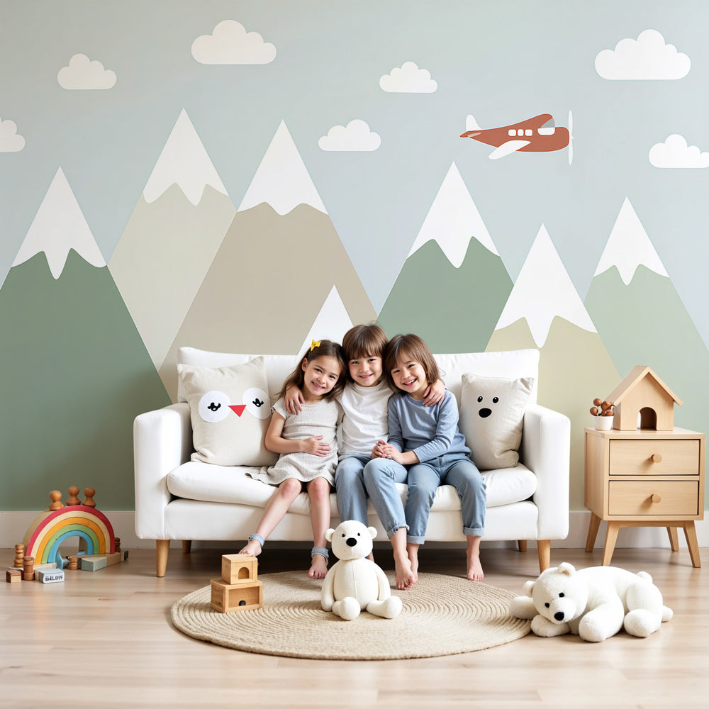 Mountain mural wallpaper with peaceful peaks creating serene nursery decor by Kids-Mundo