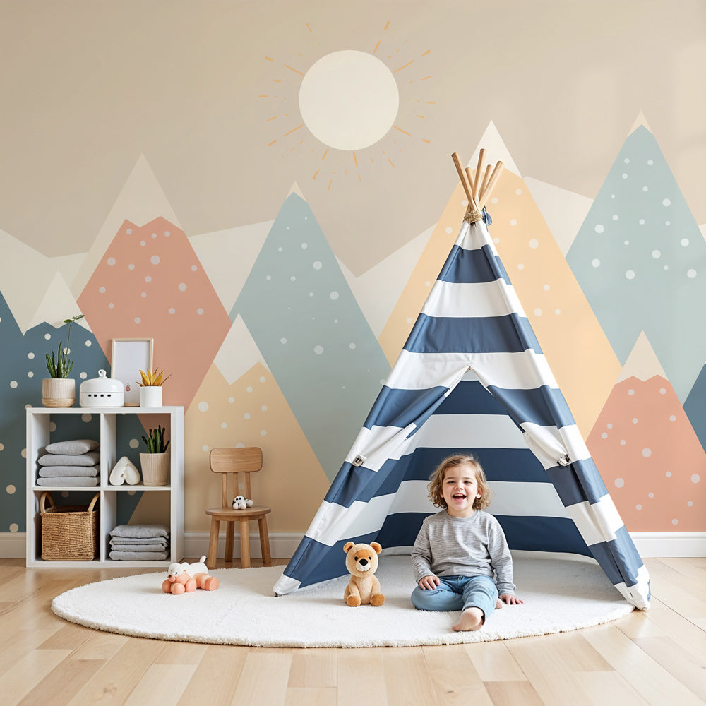 Geometric mountain mural wallpaper with pastel peaks in modern nursery by Kids-Mundo
