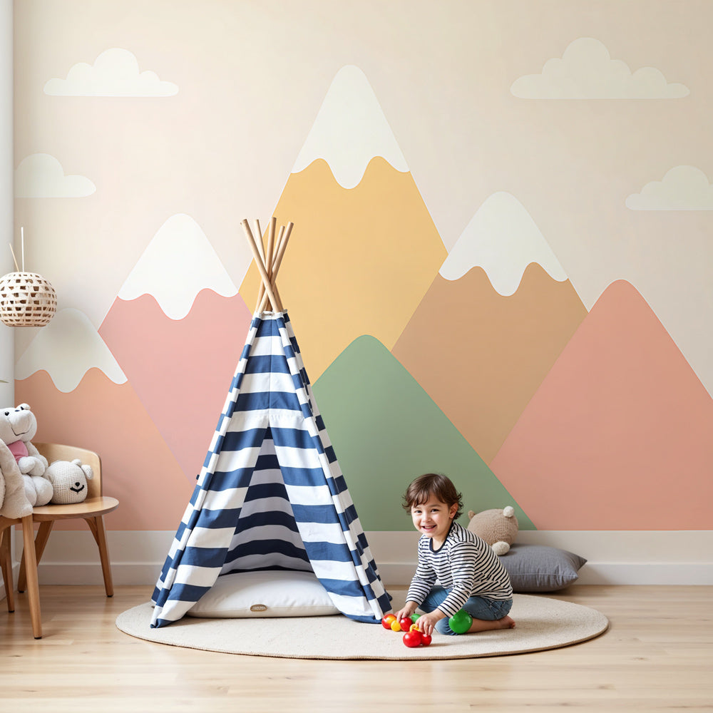 Pastel mountain mural wallpaper with soft pink clouds in modern nursery by Kids-Mundo