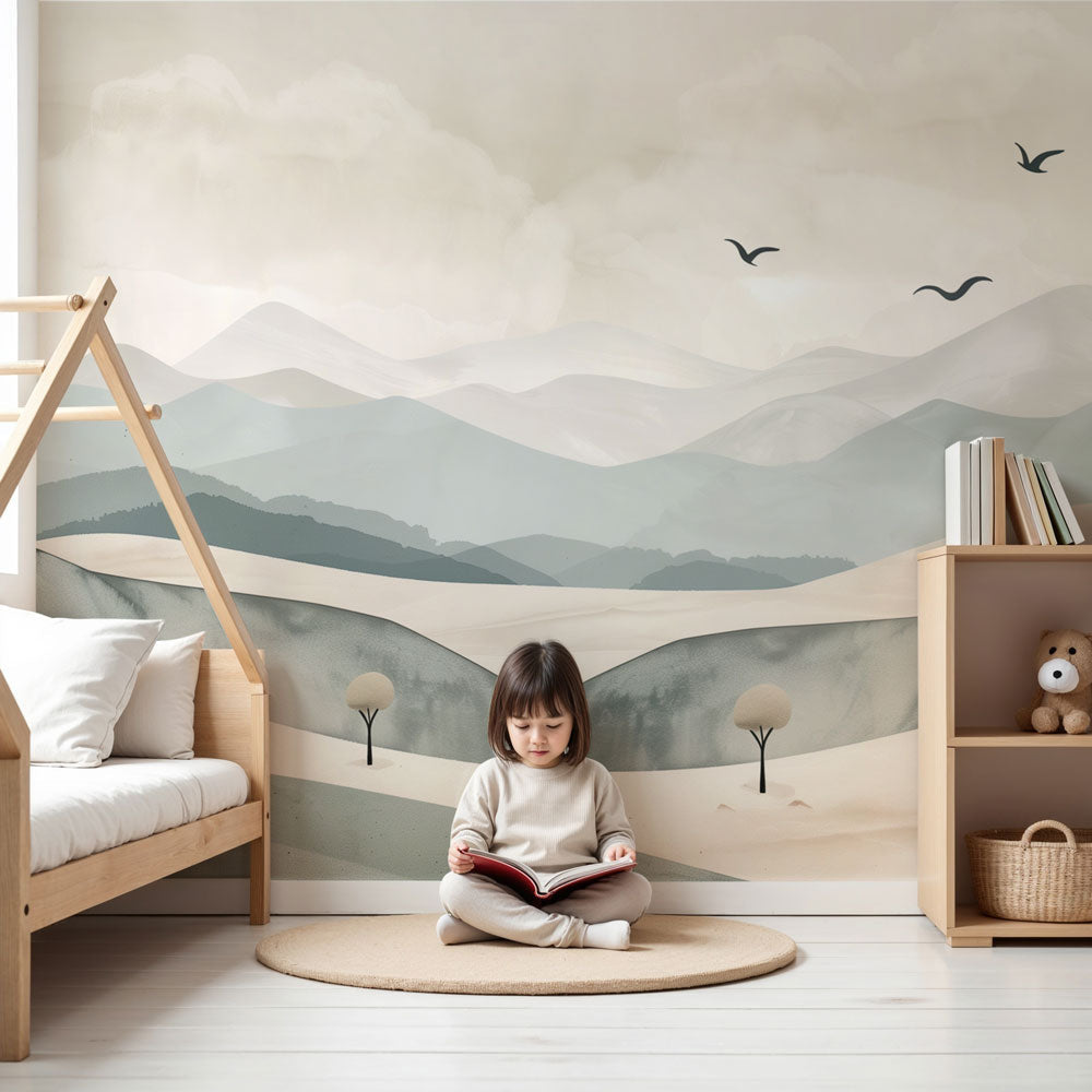 Pastel mountain mural wallpaper with flying birds in modern nursery by Kids-Mundo
