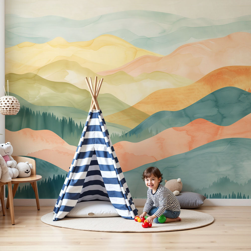 Pastel mountain mural wallpaper creating serene nursery atmosphere with watercolor landscape by Kids-Mundo