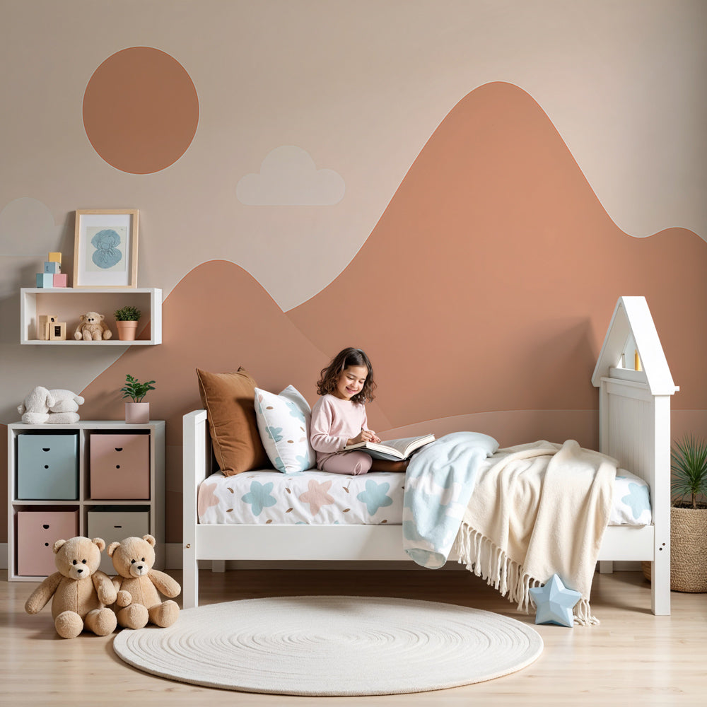 Soft pink mountain mural wallpaper in modern nursery with natural wood crib by Kids-Mundo