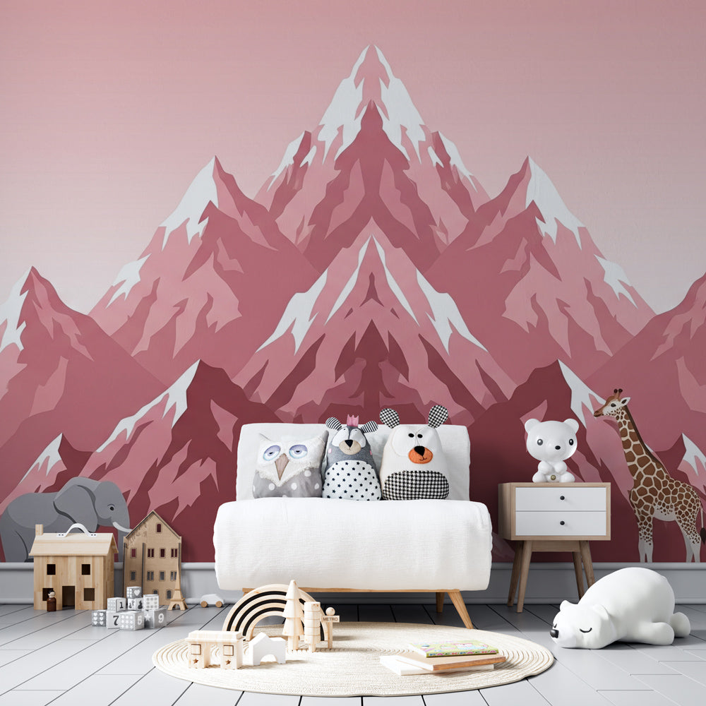 Pink mountain safari wallpaper creating adventurous kids bedroom decor with wildlife theme
