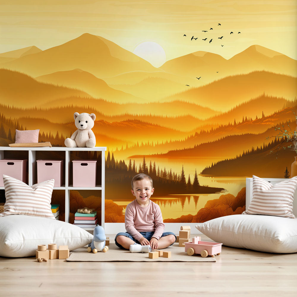 Mountain sunset mural wallpaper creating peaceful nursery decor with golden peaks by Kids-Mundo