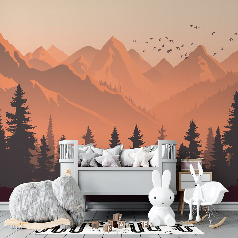 Twilight mountain wallpaper with wolf silhouette transforming modern children's bedroom decor by Kids-Mundo
