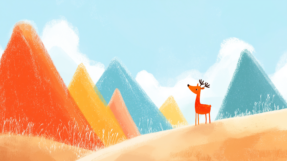 Kids-Mundo flat artwork of colourful mountains with a small orange deer standing