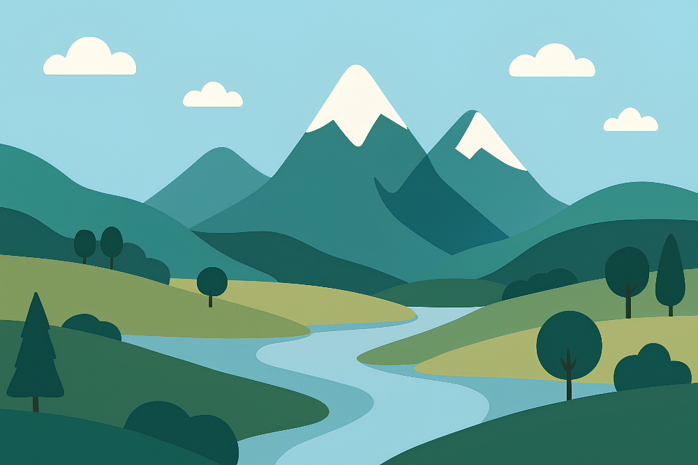 Kids-Mundo flat artwork of green mountains and a winding blue river landscape design.