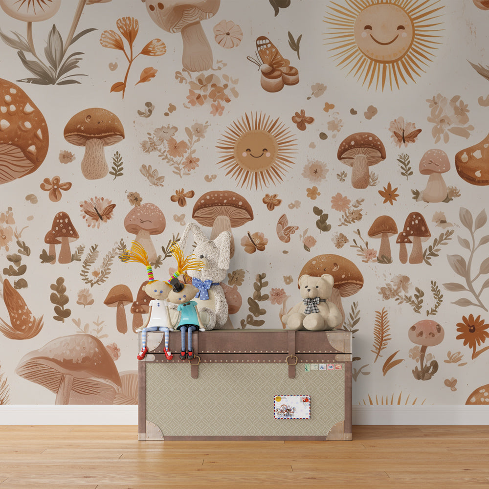 Forest mushroom wallpaper with flowers transforming kids bedroom into magical woodland space