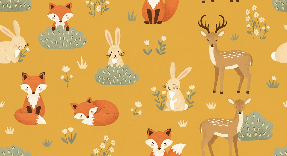 Fox and Deer Mustard Yellow Pattern Wall Mural