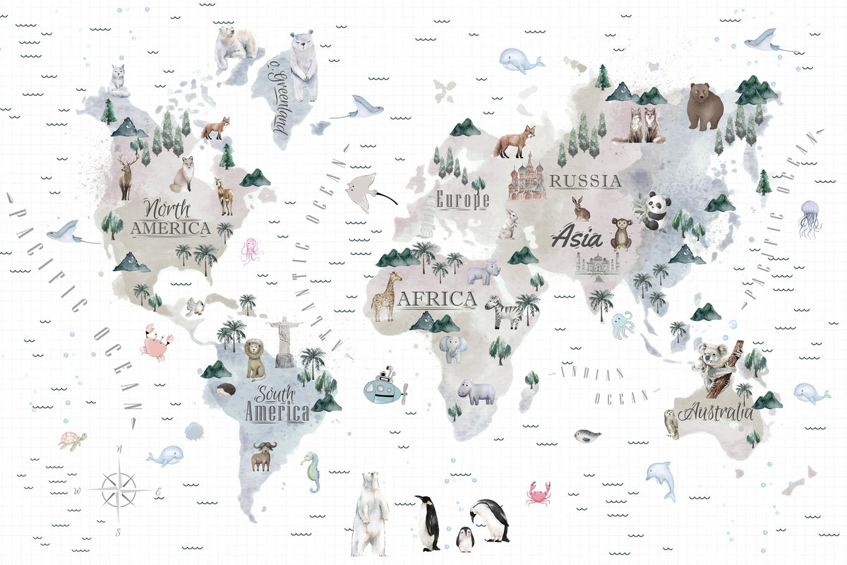 Muted Watercolour World Map with Compass Wall Mural