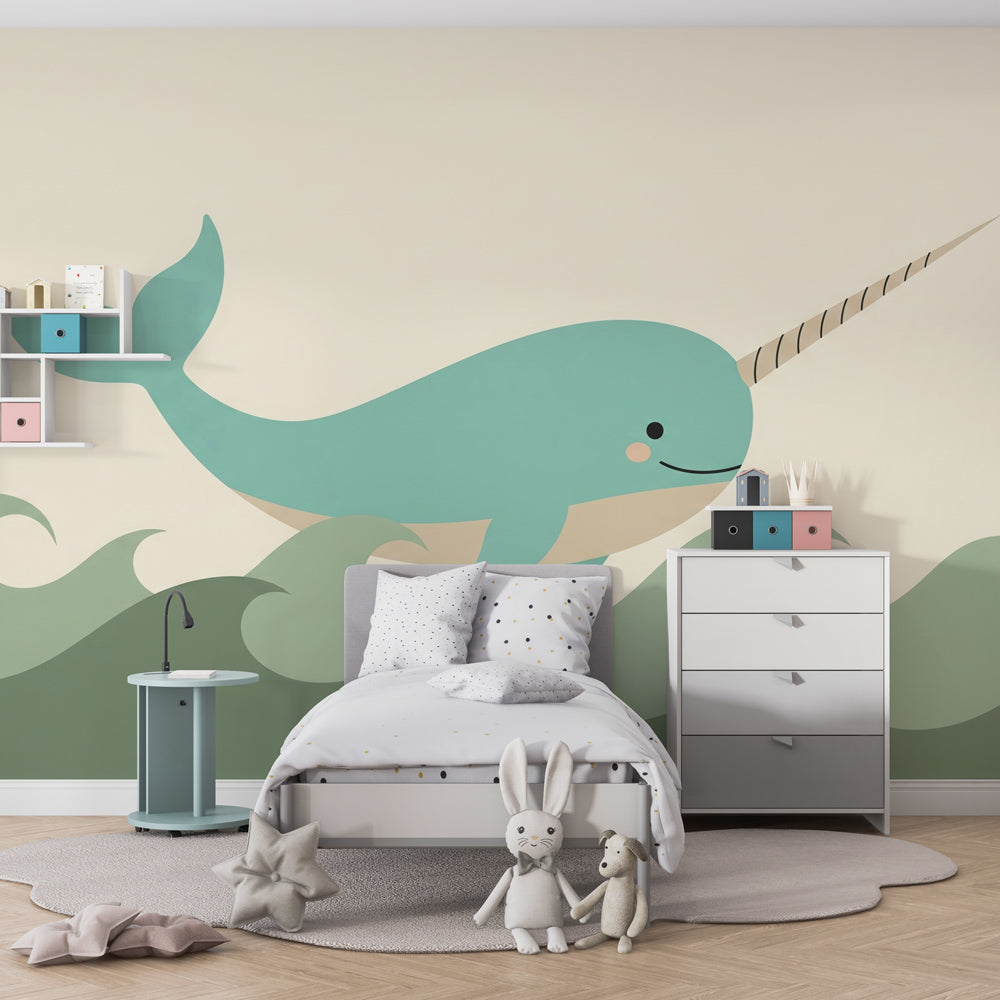 Narwhal ocean mural wallpaper in serene baby nursery with white crib by Kids-Mundo