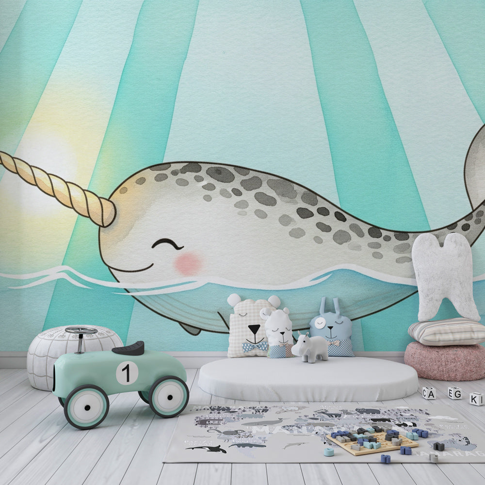 Underwater narwhal wallpaper transforming baby bedroom into magical ocean sanctuary