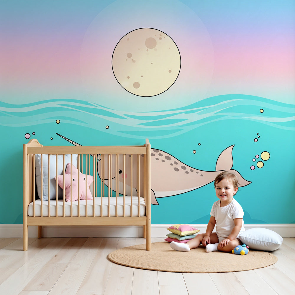 Narwhal mural wallpaper creating magical ocean nursery decor with pastel blues and pinks by Kids-Mundo
