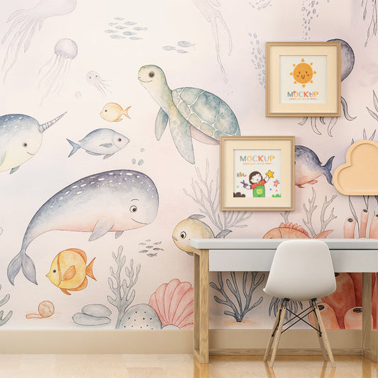 Kids-Mundo watercolour underwater wall mural styled in a calm kids bedroom with soft blue tones