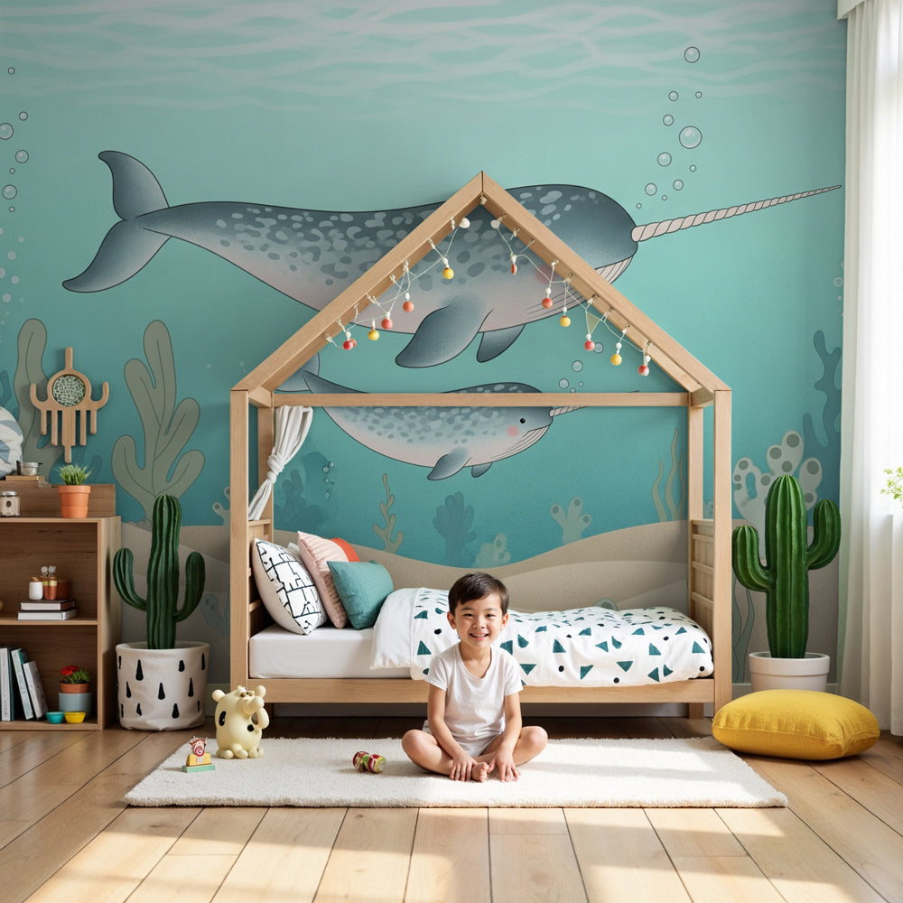 Narwhal ocean mural wallpaper in serene nursery with underwater theme by Kids-Mundo