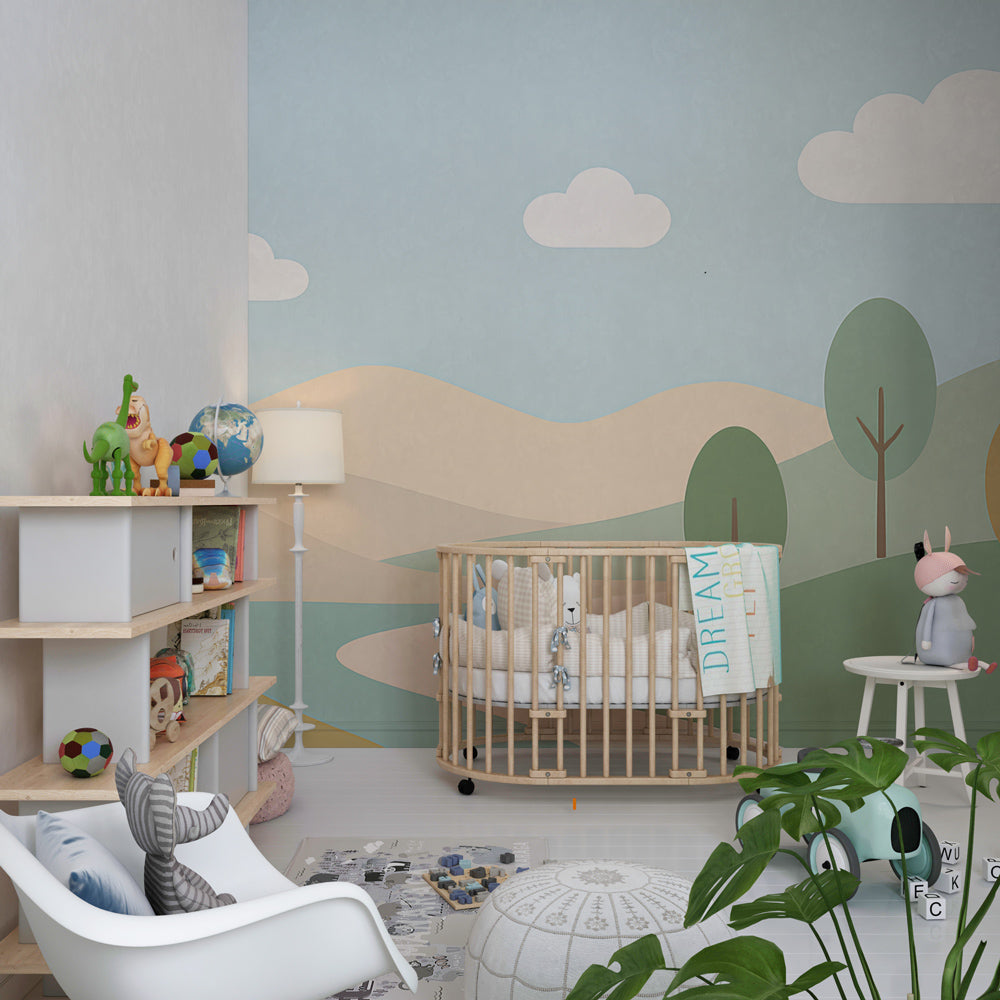 Gentle hills and stream mural wallpaper creating calming atmosphere in kids bedroom