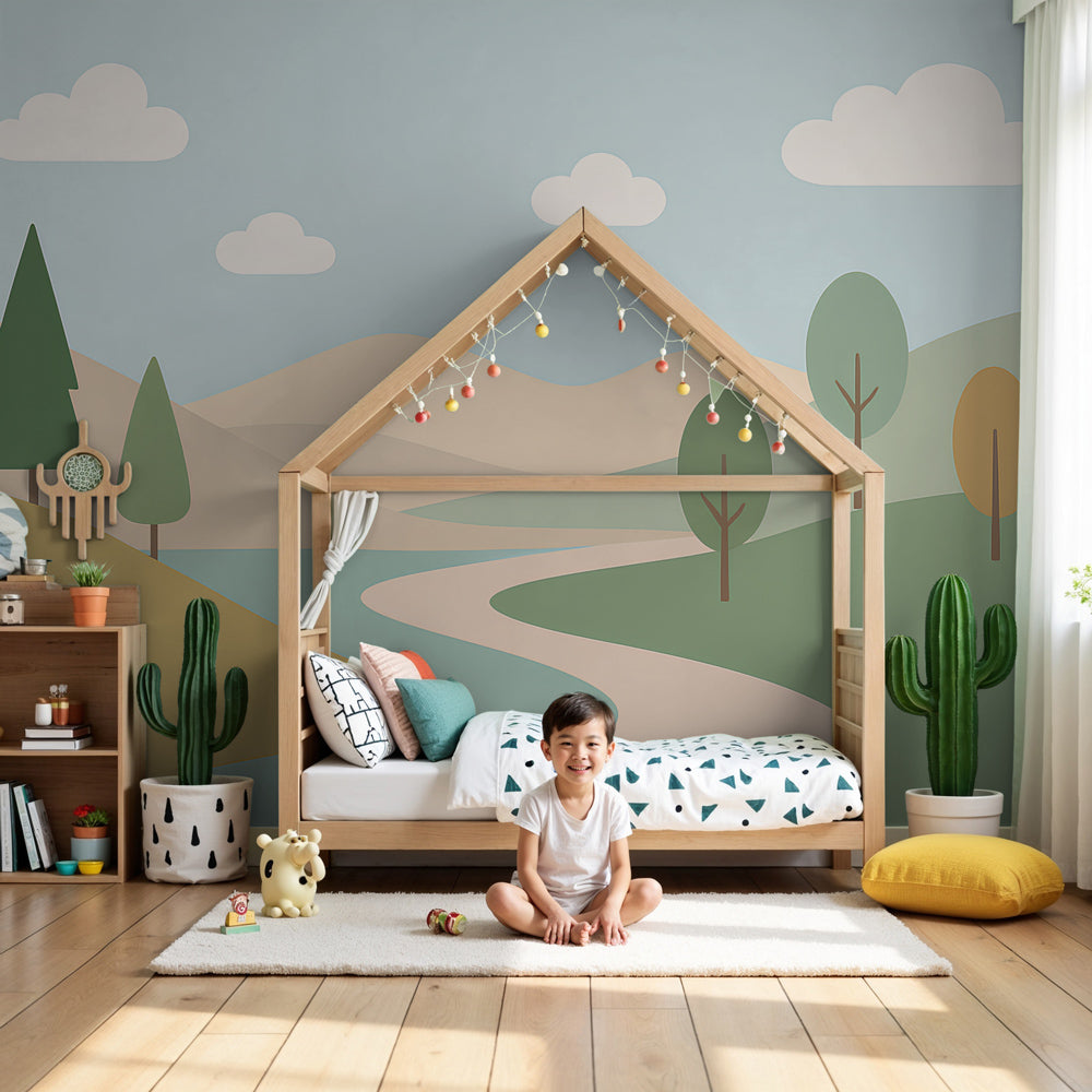 Nature landscape mural wallpaper with rolling hills and trees in peaceful nursery by Kids-Mundo