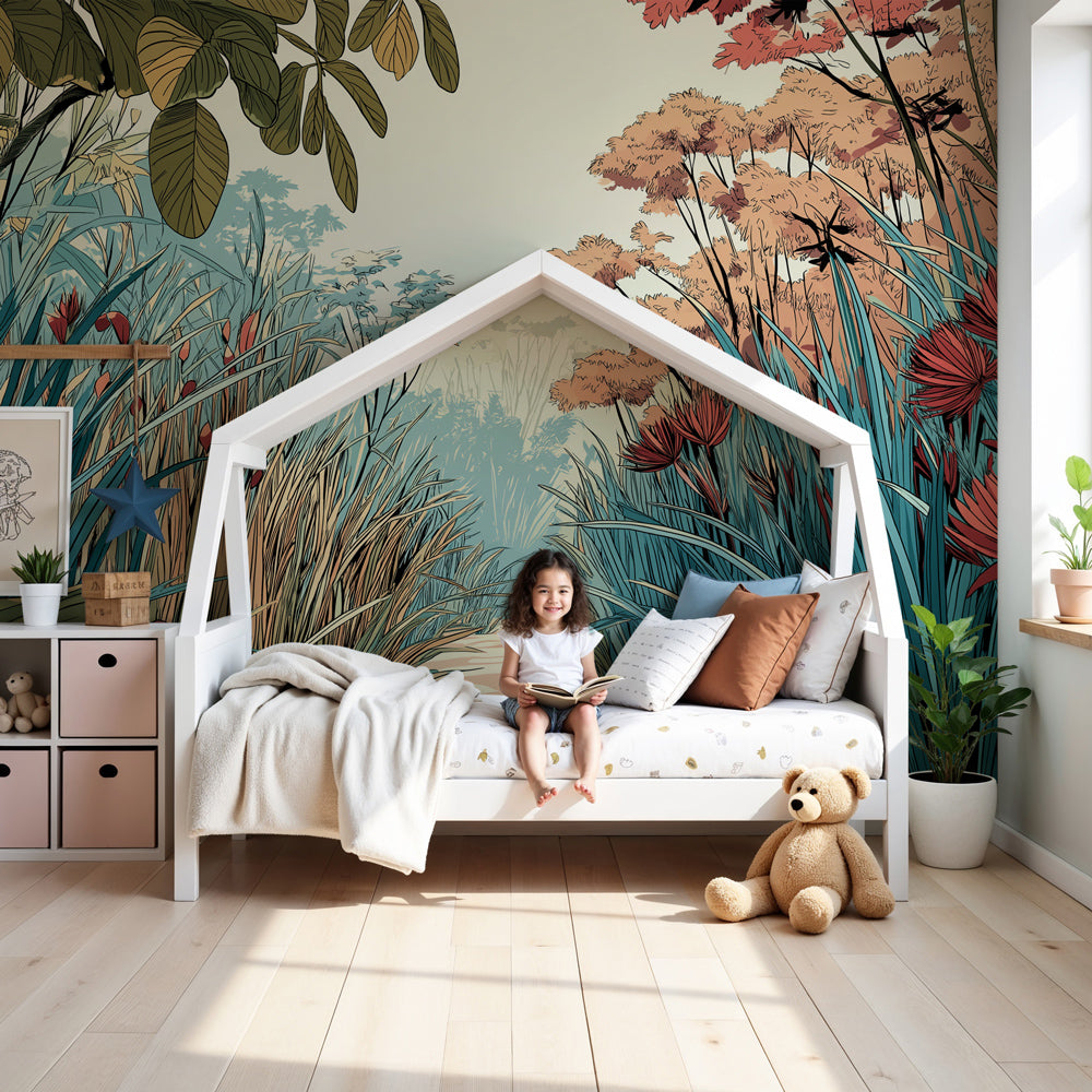 Nature path mural wallpaper in bright nursery with wooden crib and natural decor by Kids-Mundo