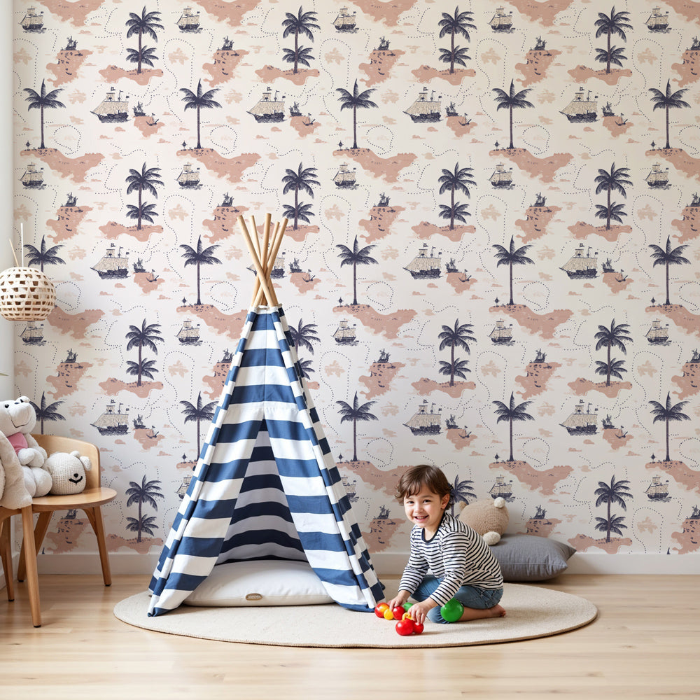 Nautical adventure mural wallpaper with ships and palm trees in modern kids bedroom by Kids-Mundo