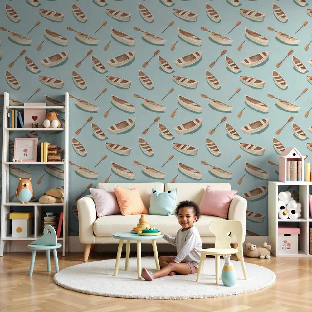Nautical boats mural wallpaper creating serene maritime nursery decor by Kids-Mundo