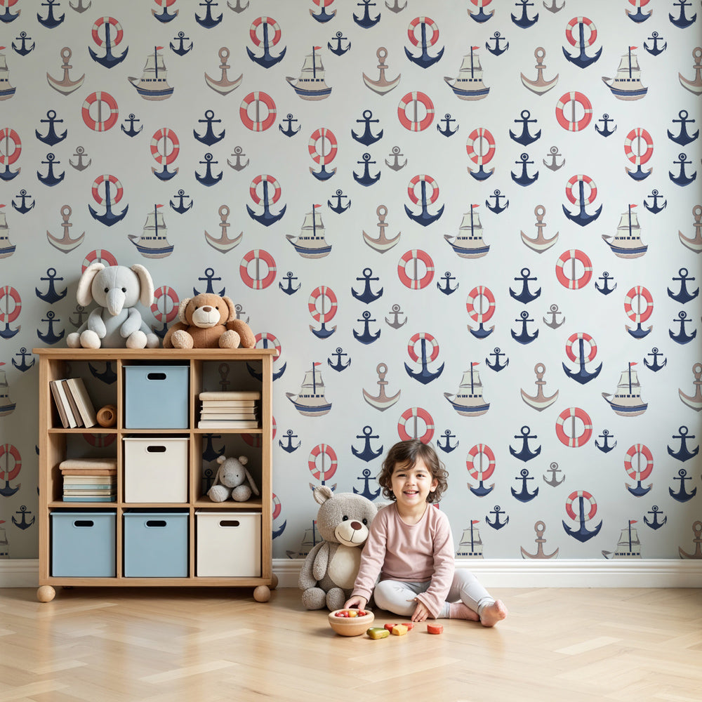 Nautical mural wallpaper with boats and anchors in modern kids bedroom by Kids-Mundo
