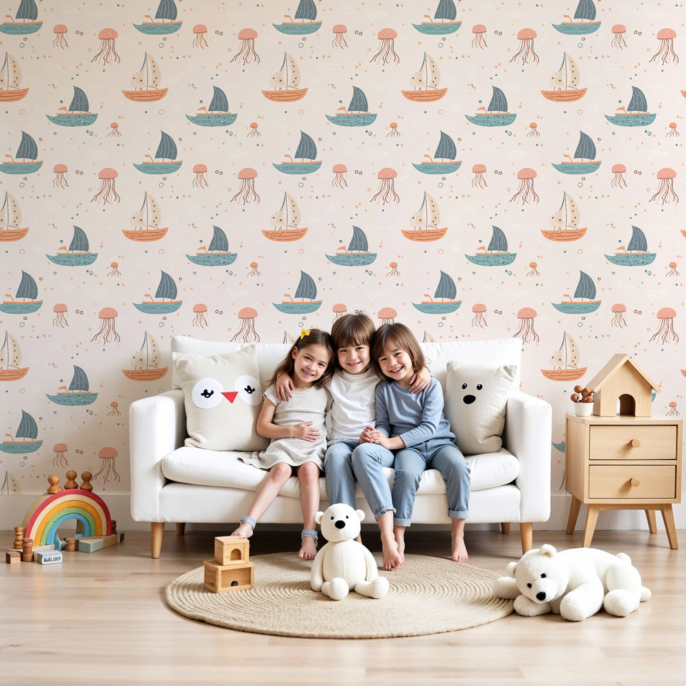 Nautical sailboat and jellyfish mural wallpaper in modern kids bedroom by Kids-Mundo