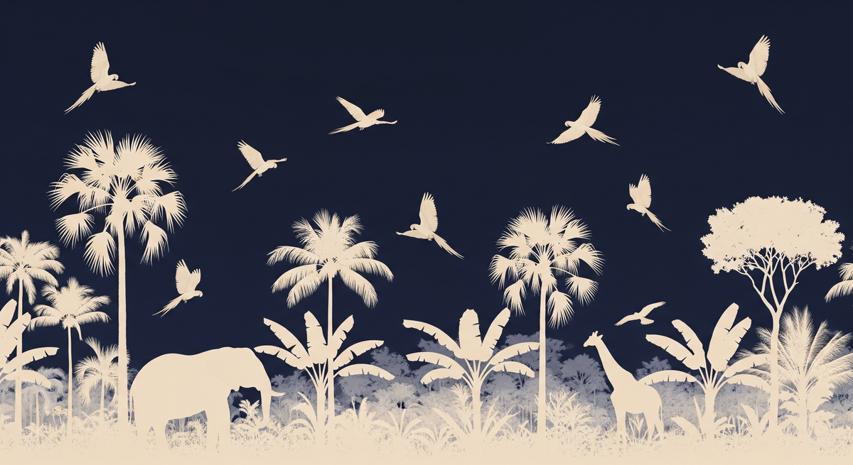 Navy Safari Silhouette with Elephant and Giraffe Wall Mural