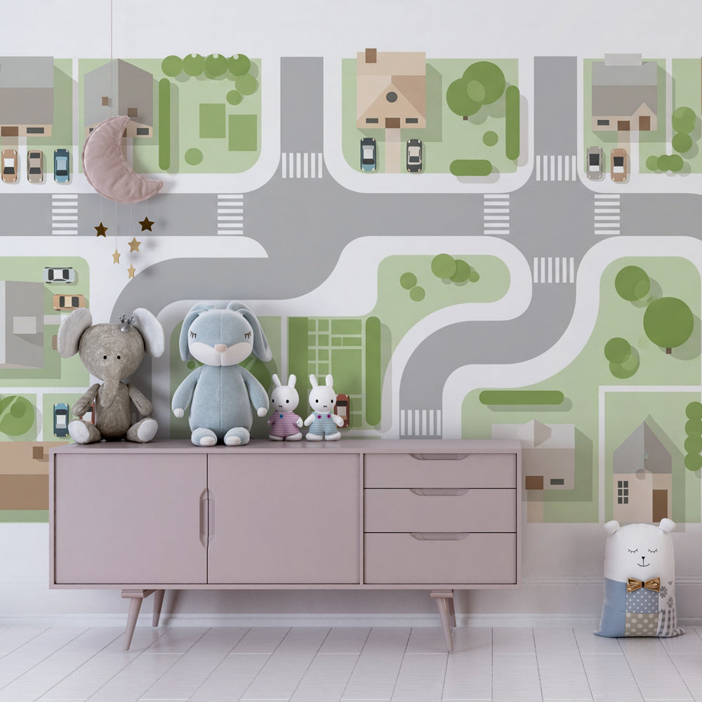 Peaceful village houses wallpaper creating cozy nursery atmosphere with pastel colors