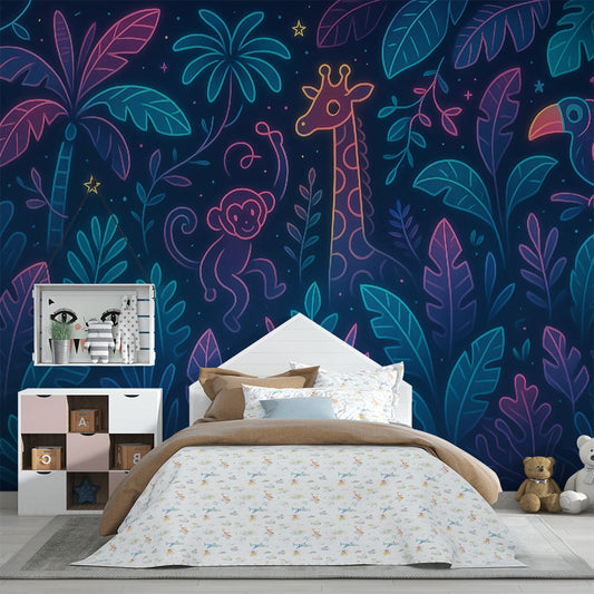 Kids-Mundo neon giraffe wall mural in a kids' bedroom, purple and teal jungle glow behind the bed.