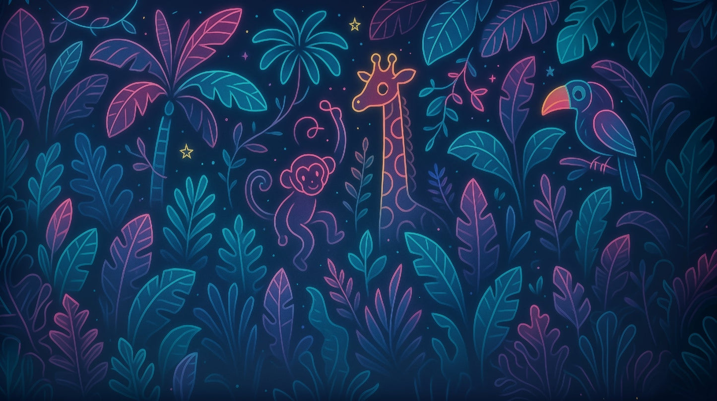 Kids-Mundo flat artwork of a neon giraffe, monkey and toucan glowing in a starry night jungle.