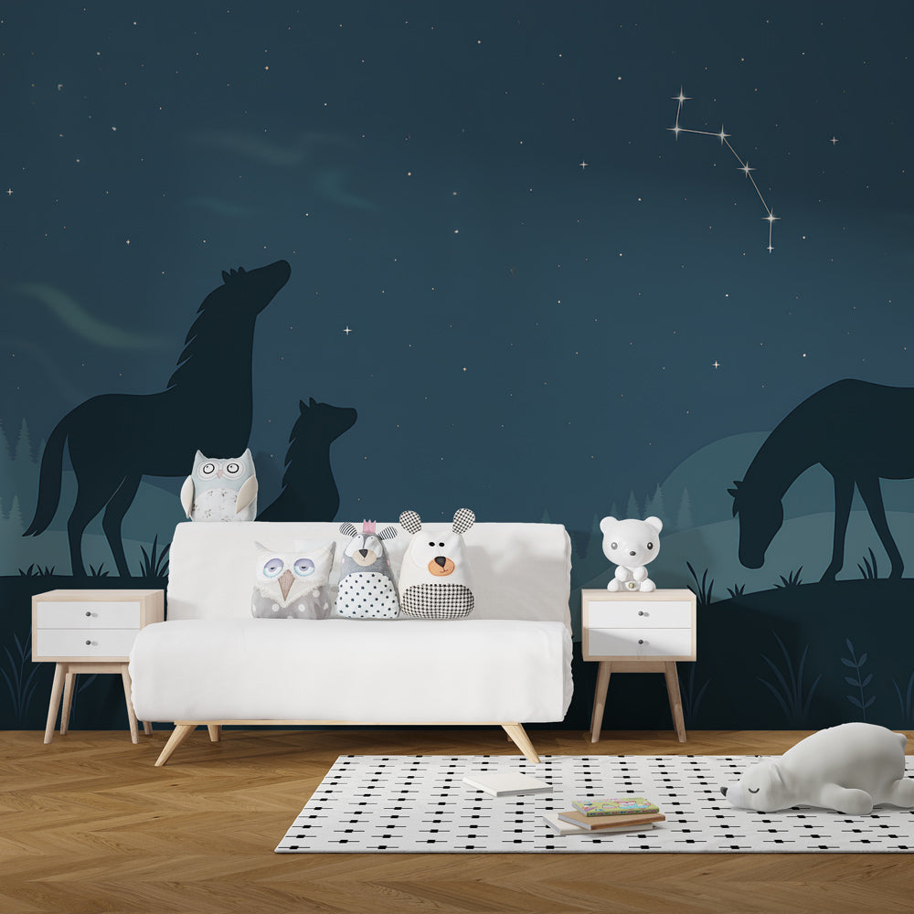 Starry night animal wallpaper transforming nursery with peaceful horses and dog silhouettes