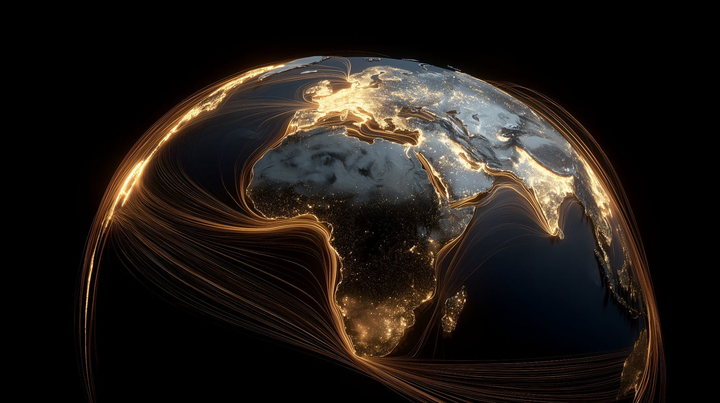 Flat artwork of the Kids-Mundo glowing night Earth design with golden connecting light trails